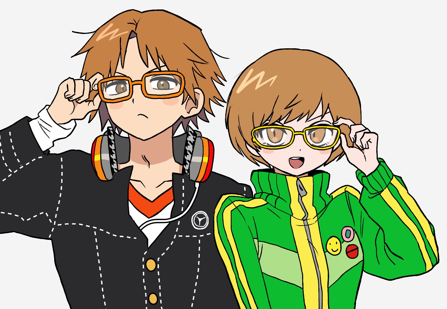 hanamura yousuke, satonaka chie, persona, persona 4, commentary request, highres, korean commentary, 1boy, 1girl, adjusting eyewear, badge, black jacket, blush, brown eyes, brown hair, button badge, closed mouth, frown, glasses, green jacket, hand on eyewear, headphones, headphones around neck, houndstooth, jacket, long sleeves, looking at viewer, open mouth, orange-framed eyewear, qnfrjswjsrmfla, school uniform, short hair, simple background, smile, teeth, upper body, upper teeth only, white background, yasogami school uniform, yellow-framed eyewear