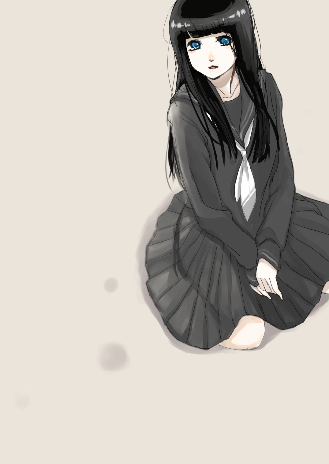 kurasawa moko, bad id, bad pixiv id, highres, 1girl, black hair, blue eyes, blunt bangs, female focus, from above, kneeling, long hair, pleated skirt, school uniform, serafuku, simple background, sitting, skirt, solo, staring, wariza