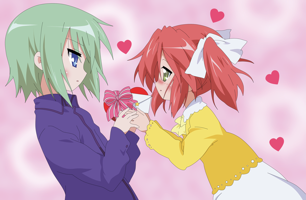 iwasaki minami, kobayakawa yutaka, lucky star, non-web source, 00s, blue eyes, green eyes, green hair, pink hair, short hair, short twintails, twintails, valentine, yuri