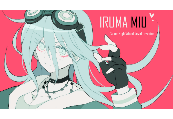 sakura (fein5862817), iruma miu, danganronpa (series), danganronpa v3: killing harmony, commentary request, 1girl, aegyo sal, barbed wire, border, breasts, character name, choker, cleavage, closed mouth, english text, eyelashes, fingerless gloves, gloves, goggles, goggles on head, greyscale with colored background, hair between eyes, hand up, happy, heart, jewelry, letterboxed, long hair, long hair between eyes, long sleeves, messy hair, necklace, pink background, pointy nose, round eyewear, sailor collar, school uniform, serafuku, shirt, smile, solo, spot color, upper body, very long hair, white border