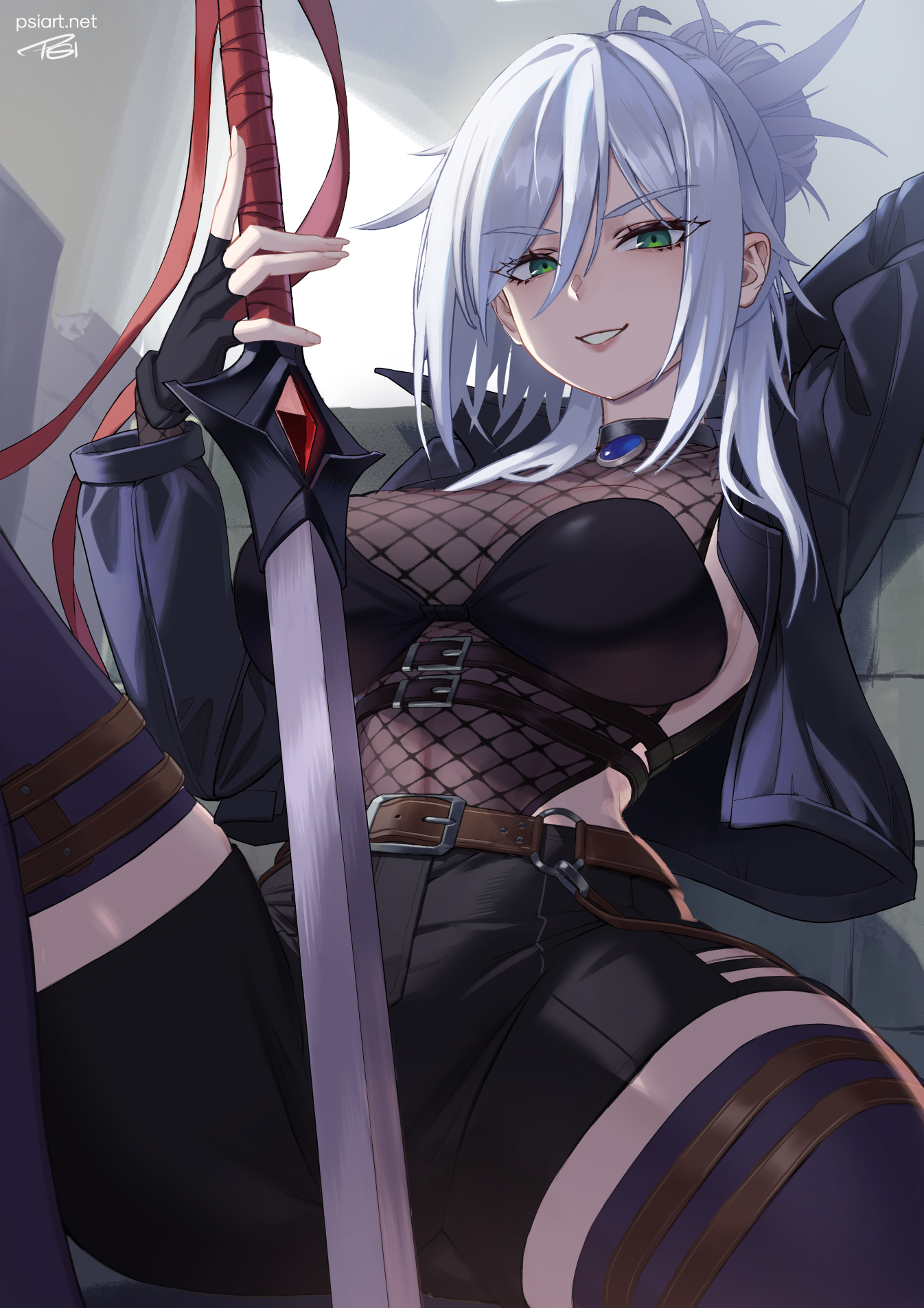 psidubs, character request, commission, copyright request, highres, 1girl, arm behind head, belt, bikini, black belt, black bikini, black gloves, black jacket, black shorts, breasts, brown belt, fingerless gloves, fishnets, gloves, green eyes, hair between eyes, holding, holding sword, holding weapon, jacket, open clothes, open jacket, purple thighhighs, shorts, signature, solo, spread legs, swimsuit, sword, thighhighs, weapon, white hair
