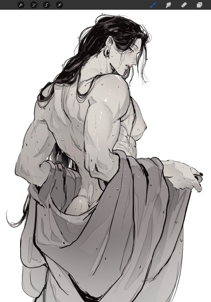 djuney9, jujutsu kaisen, 1boy, after bathing, ass, black hair, ear piercing, long hair, male focus, muscular, muscular male, nail polish, nude, piercing, puffy male chest, wet, wet hair