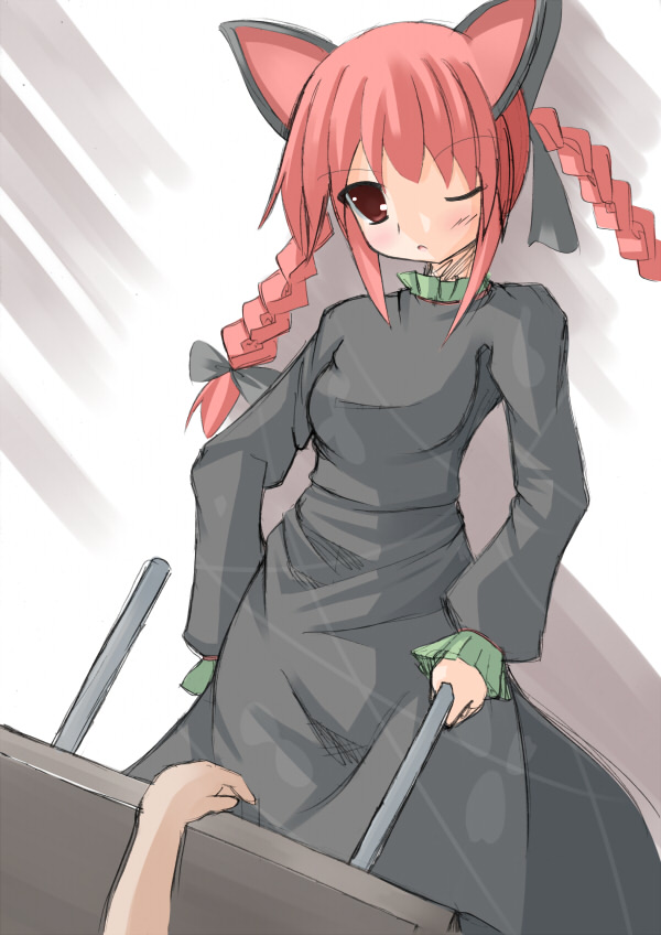 liya, kaenbyou rin, touhou, 1girl, animal ears, bow, braid, breasts, cat ears, cat girl, dress, female focus, gradient background, hair ribbon, male hand, one eye closed, red eyes, red hair, ribbon, solo, twin braids, twintails, wheelbarrow, white background, wink