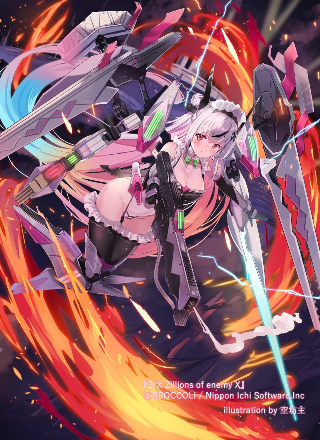 sora-bozu, z/x, highres, official art, 1girl, aqua hair, black gloves, black hair, bow, bowtie, breasts, cleavage, closed mouth, copyright notice, electricity, exoskeleton, fire, gloves, gradient hair, green bow, green bowtie, grey hair, gun, hair bun, hair ornament, holding, holding gun, holding weapon, large breasts, leotard, long hair, maid headdress, mecha musume, multicolored hair, pink hair, red eyes, solo, very long hair, weapon, yith (z/x)