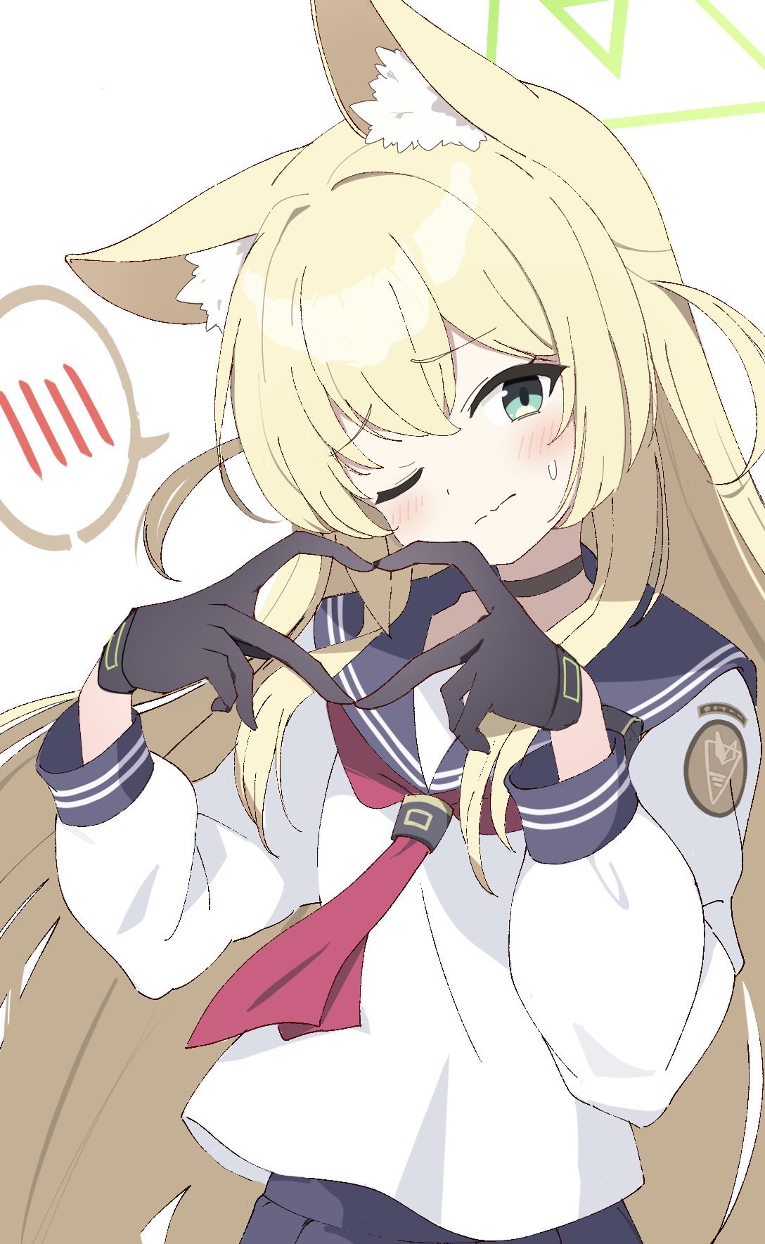 memoi, kurumi (blue archive), blue archive, commentary request, highres, animal ears, blonde hair, blue sailor collar, blue skirt, four-finger heart hands, fox ears, fox girl, gloves, green eyes, green halo, grey gloves, hair between eyes, halo, heart, heart hands, long hair, neckerchief, one eye closed, red neckerchief, sailor collar, school uniform, serafuku, shirt, simple background, skirt, speech bubble, white background, white shirt