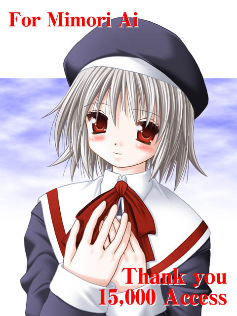 keito (keito-ya), tsukishiro hikari, wind a breath of heart, archived source, commentary request, 1girl, 2000s (style), beret, black dress, black hat, black sleeves, blue sky, blush, bob cut, closed mouth, collared dress, dated commentary, dot nose, dress, english text, facing viewer, gift art, grey hair, hair between eyes, hands on own chest, hat, large hands, looking at viewer, medium hair, photo background, red eyes, red ribbon, ribbon, sailor collar, sky, sleeve cuffs, smile, solo, upper body, white sailor collar