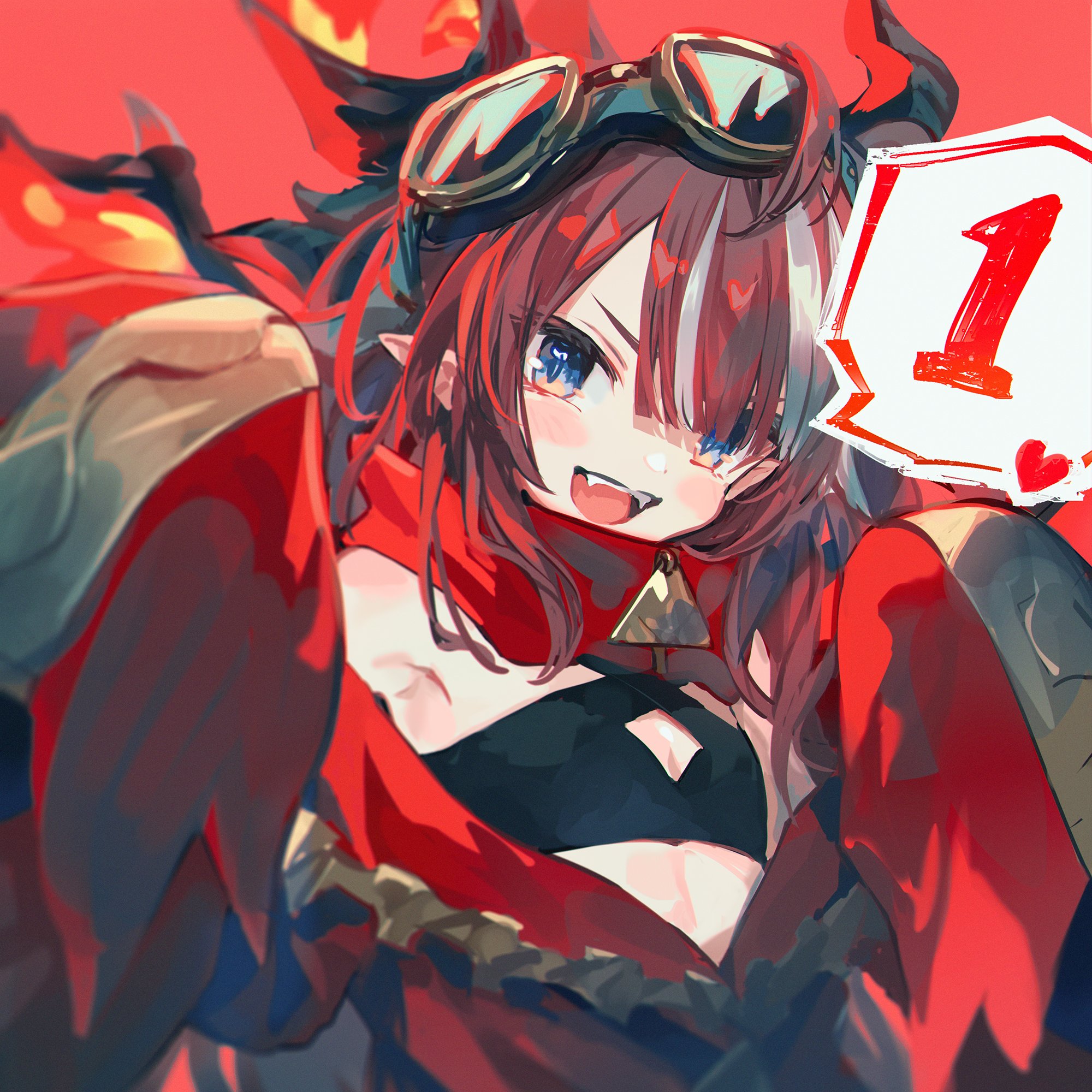 makihitsuji, saya sairroxs, phase connect, commentary, english commentary, highres, official art, second-party source, 1girl, :d, blue eyes, countdown illustration, dragon girl, fangs, goggles, goggles on head, heart, looking at viewer, multicolored hair, open mouth, pointy ears, red background, red hair, red theme, smile, solo, speech bubble, streaked hair, teeth, tongue, upper teeth only, virtual youtuber, white hair