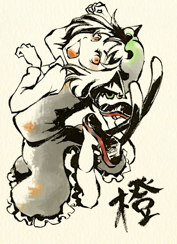 shou shishi, chen, touhou, 1girl, animal ears, cat ears, cat girl, cat tail, earrings, fang, fangs, female focus, hat, jewelry, monochrome, multiple tails, orange eyes, partially colored, paw pose, short hair, solo, tail