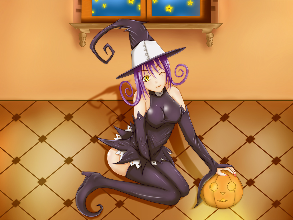 lam, blair (soul eater), soul eater, 00s, boots, detached sleeves, hat, jack-o'-lantern, one eye closed, pumpkin, purple hair, solo, thigh boots, thighhighs, wink, witch hat, yellow eyes