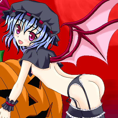 remilia scarlet, touhou, lowres, 1girl, alternate color, ass, bat wings, blue hair, breasts, female focus, flat chest, garter belt, hat, hat ribbon, jack-o'-lantern, loli, nipples, no panties, oekaki, player 2, pumpkin, purple eyes, ribbon, solo, thighhighs, wings
