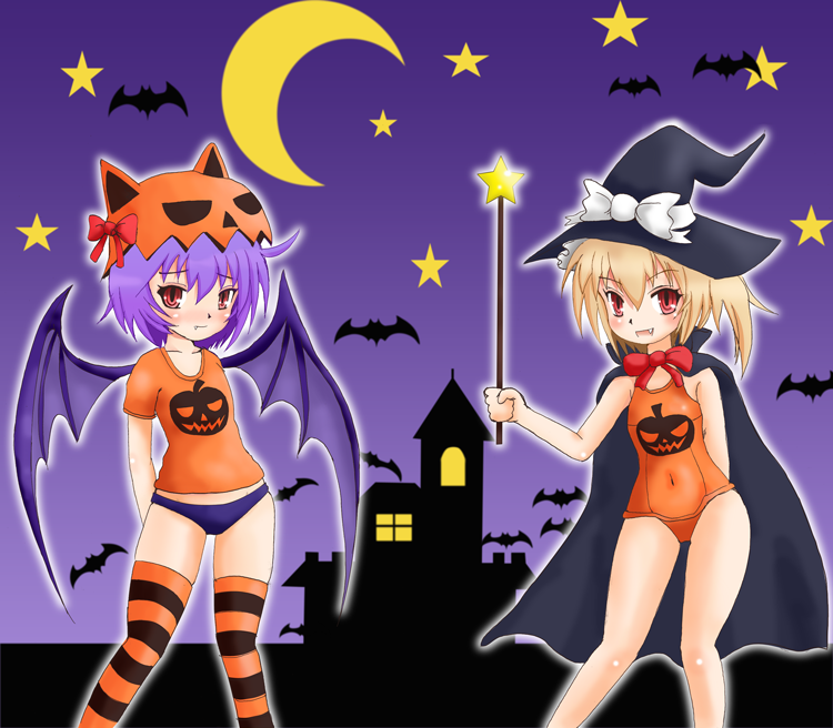 sumapan, flandre scarlet, remilia scarlet, touhou, striped legwear, bad id, bad pixiv id, 2girls, bat (animal), bat wings, blonde hair, blue hair, bow, buruma, cape, covered navel, crescent moon, fang, female focus, halloween, hat, hat ribbon, jack-o'-lantern, midriff peek, moon, multiple girls, navel, one-piece swimsuit, orange one-piece swimsuit, panties, print swimsuit, pumpkin, pumpkin hat, purple background, purple hair, red eyes, ribbon, school swimsuit, short hair, siblings, silhouette, sisters, skindentation, socks, star (symbol), striped clothes, striped thighhighs, swimsuit, thighhighs, underwear, wings, witch hat