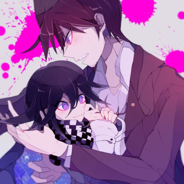 sakura (fein5862817), momota kaito, oma kokichi, danganronpa (series), danganronpa v3: killing harmony, commentary request, 2boys, :3, annoyed, belt, black scarf, blood, blood splatter, checkered clothes, checkered scarf, closed mouth, coat, coat partially removed, collarbone, collared coat, facial hair, flame print, goatee, grey background, hair between eyes, happy, height difference, jacket, lapel pin, lapels, light blush, male focus, multiple boys, notched lapels, open clothes, open jacket, open mouth, own hands together, pink blood, pointy nose, print coat, print shirt, purple coat, purple eyes, purple hair, realistic teeth, scarf, shirt, short hair, space print, spiked hair, starry sky print, sweatdrop, teeth, two-sided coat, two-sided fabric, two-tone scarf, upper body, upper teeth only, white belt, white jacket, white scarf, white shirt, wrist belt