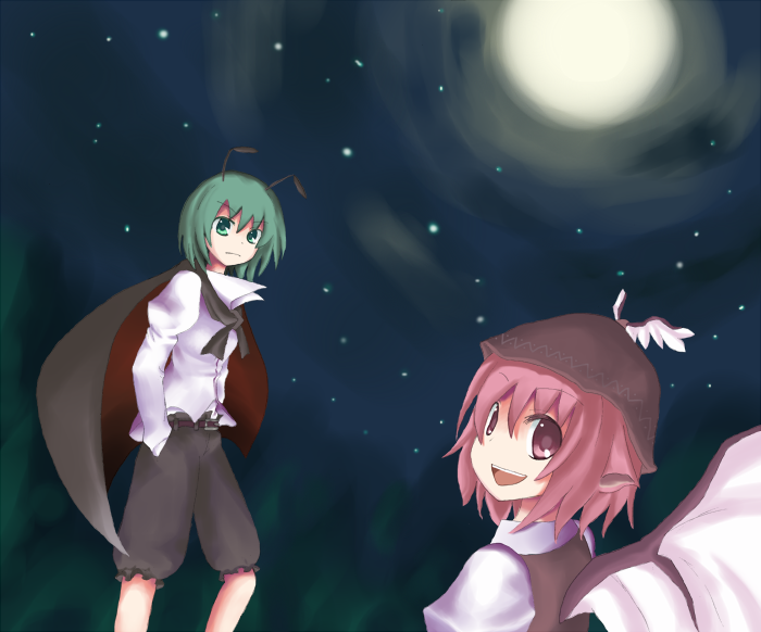 chumatan, mystia lorelei, wriggle nightbug, touhou, bad id, bad pixiv id, 2girls, animal ears, antennae, belt, cape, female focus, green eyes, green hair, hat, moon, multiple girls, outdoors, pants, pink eyes, pink hair, short hair, sky, wings