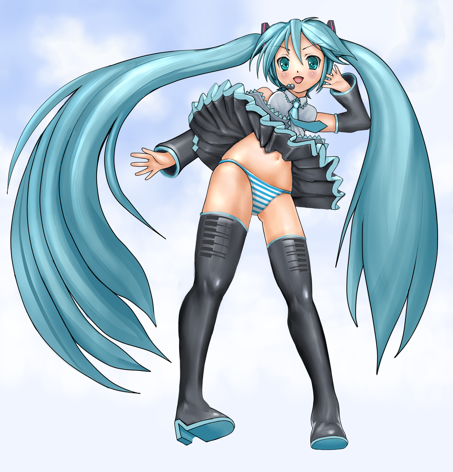 kouhei (sxmas), hatsune miku, vocaloid, highres, 1girl, artistic error, bad anatomy, blue eyes, blue hair, clothes lift, detached sleeves, female focus, long hair, matching hair/eyes, panties, poorly drawn, skirt, skirt lift, solo, striped clothes, striped panties, thighhighs, twintails, underwear, very long hair