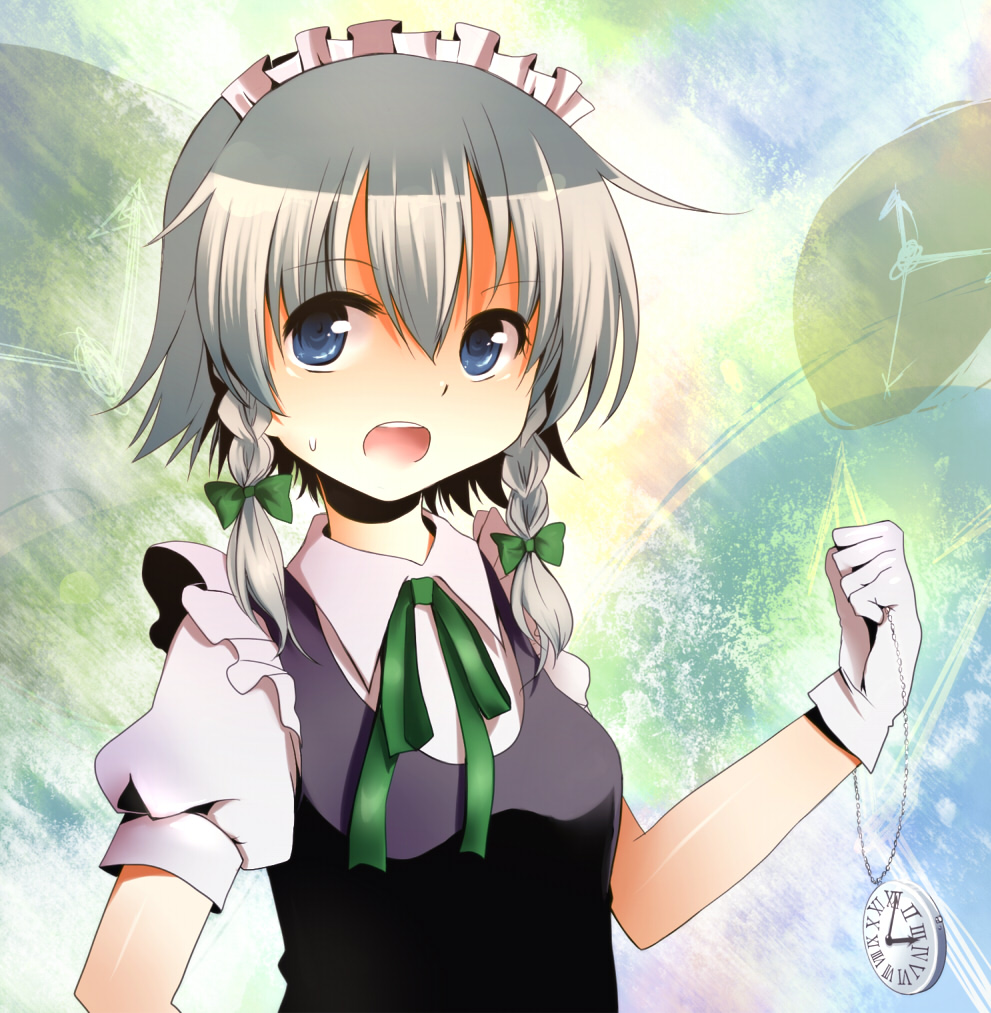 kutsushita, kutsushita (tokati r), izayoi sakuya, touhou, silver hair, bad id, bad pixiv id, 1girl, blue eyes, bow, braid, female focus, gloves, hair ribbon, maid, pocket watch, ribbon, solo, twin braids, watch