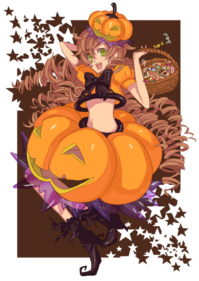 osamu (jagabata), bad id, bad pixiv id, 1girl, basket, boots, bow, brown background, brown hair, candy, checkerboard cookie, cookie, curly hair, female focus, food, food-themed clothes, food as clothes, green eyes, halloween, jack-o'-lantern, pumpkin, pumpkin costume, pumpkin hat, smile, solo