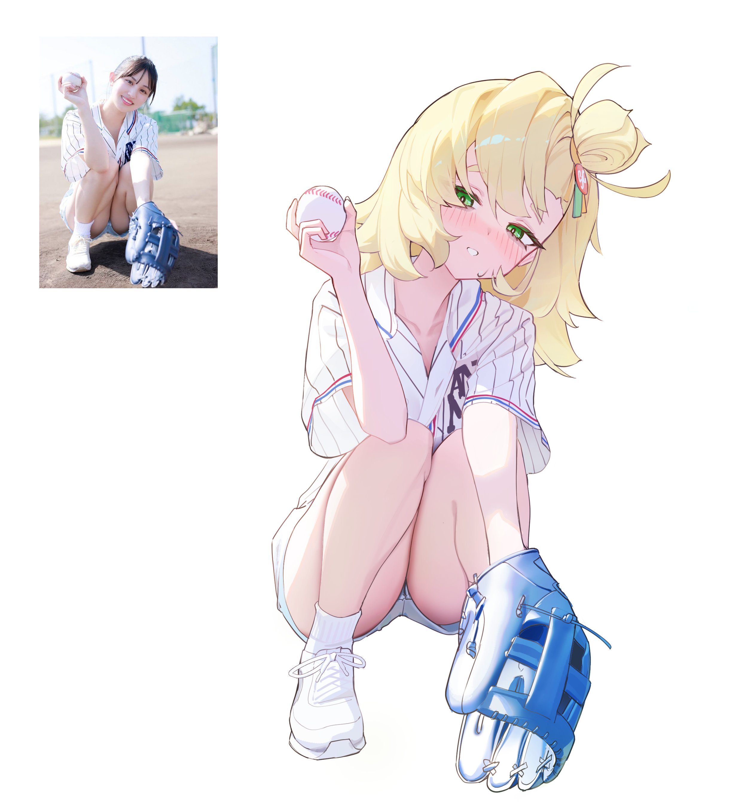 ohoo 7am, piper wheel, real life, zenless zone zero, absurdres, commentary, highres, photo-referenced, 2girls, ass, ball, baseball, baseball glove, baseball uniform, blonde hair, blush, collared shirt, green eyes, grin, head tilt, holding, holding ball, multiple girls, narrowed eyes, photo inset, shirt, shoes, shorts, simple background, smile, sneakers, socks, sportswear, squatting, striped clothes, striped shirt, sweat, thighs, white background, white shirt, white shoes, white shorts, white socks