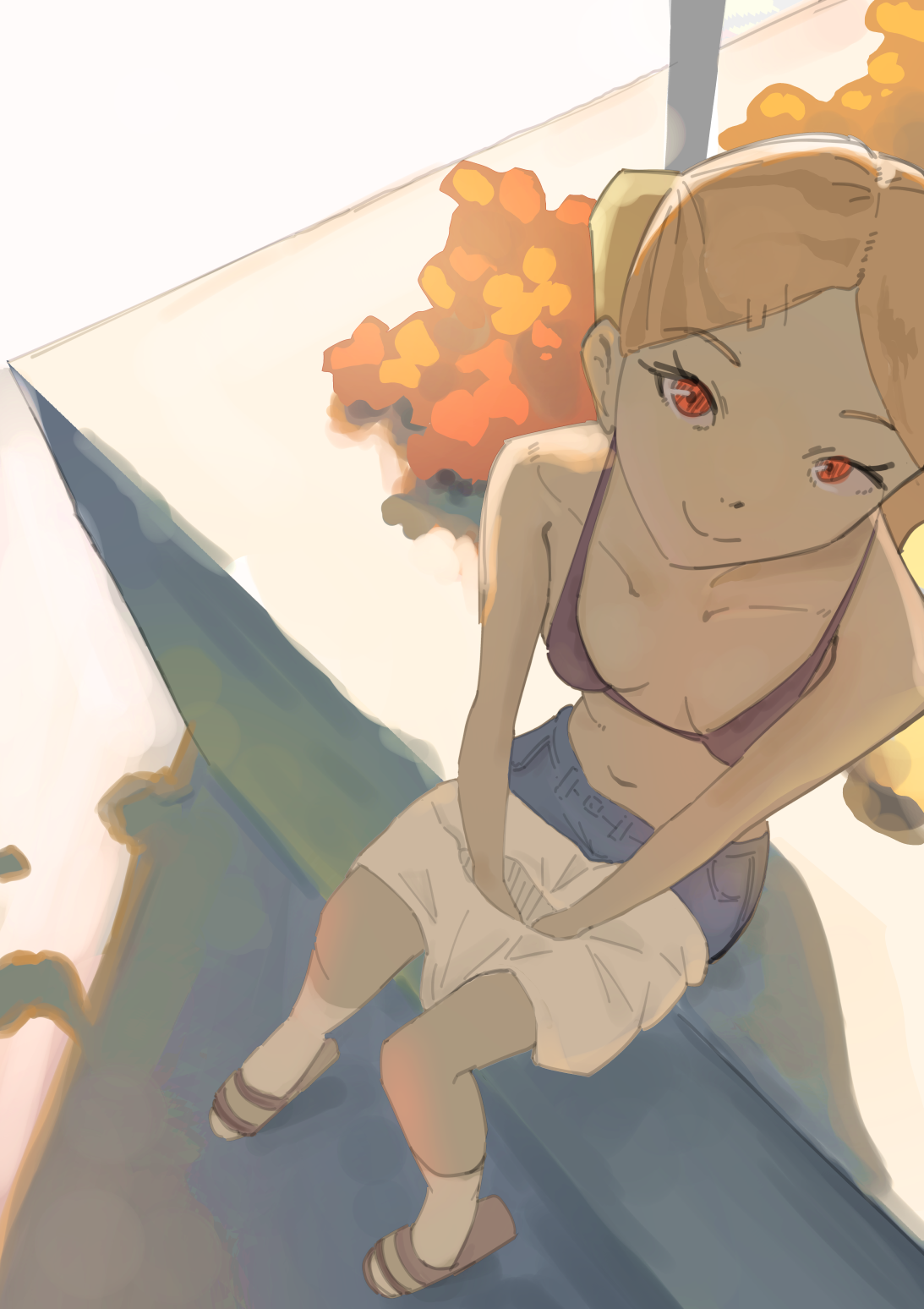 original, commentary, highres, 1girl, bikini, bikini top only, black bikini, blonde hair, breasts, denim, denim shorts, flower, from above, gyaru, looking at viewer, looking up, navel, parted bangs, perspective, red eyes, shorts, shoujosloop, small breasts, smile, solo, summer, sunlight, swimsuit