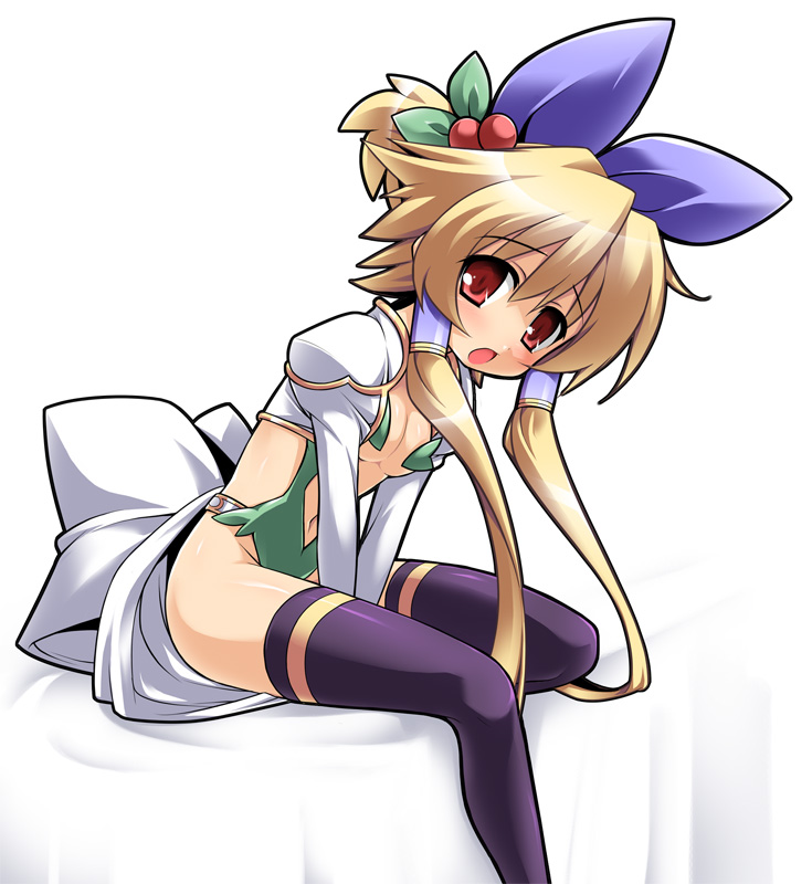 katami shinta, konoha (shinrabanshou), meryl star, shinrabanshou, 1girl, berry, between thighs, blonde hair, bow, cosplay, female focus, hair bobbles, hair ornament, hair tubes, konoha (shinrabanshou) (cosplay), leaf, long hair, navel, open mouth, red eyes, ribbon, socks, solo, thighhighs, twintails