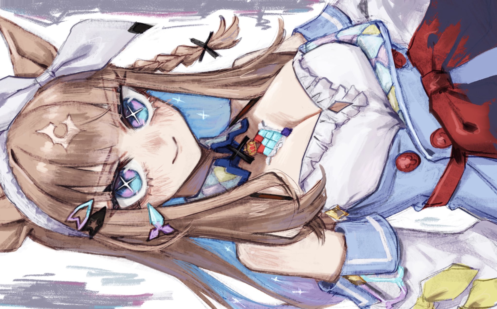 makai (67makai), almond eye (umamusume), umamusume, highres, 1girl, animal ears, bare shoulders, blue eyes, blue hair, blunt bangs, blush, braid, breasts, brown hair, buttons, cleavage, colored inner hair, detached sleeves, dress, eyelashes, hairband, horse ears, horse girl, large breasts, long hair, looking at viewer, multicolored hair, side braid, sideways, simple background, smile, solo, symbol-shaped pupils, upper body, white hair, white hairband, x-shaped pupils