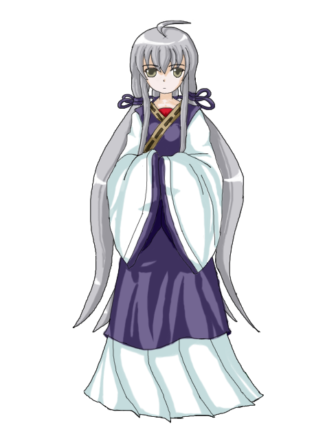 kikyo168, satsuki rin, embodiment of scarlet devil, touhou, silver hair, 1girl, ahoge, expressionless, female focus, grey eyes, hair ornament, long hair, simple background, solo, very long hair, wide sleeves