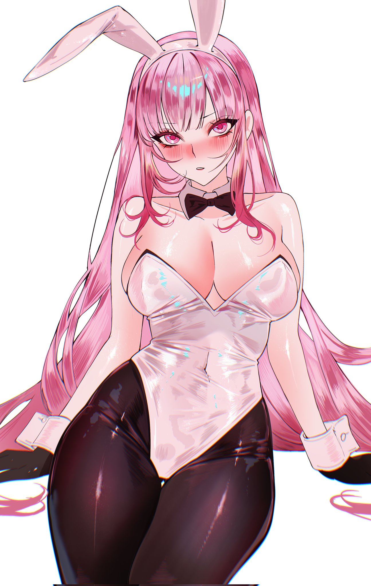 sanya (sanya lox228), mori calliope, hololive, hololive english, highres, 1girl, animal ear hairband, animal ears, arm support, black bow, black bowtie, black gloves, black pantyhose, blush, bow, bowtie, breasts, detached collar, fake animal ears, gloves, hairband, highleg, highleg leotard, large breasts, leotard, long hair, looking at viewer, pantyhose, pink hair, playboy bunny, rabbit ears, simple background, solo, strapless, strapless leotard, virtual youtuber, white background, white leotard, wrist cuffs
