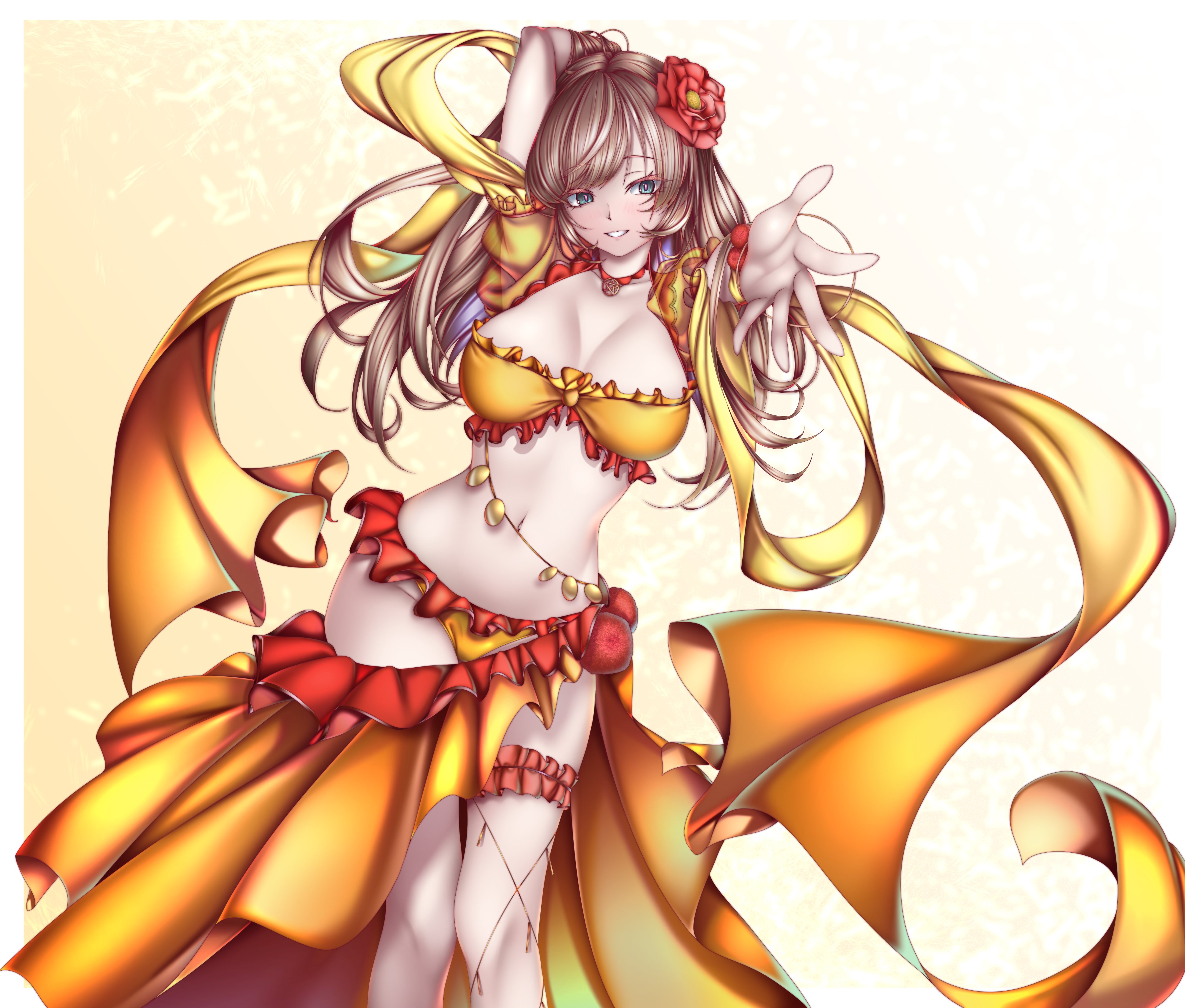 mata hari (fate), fate/grand order, fate (series), type-moon, 1girl, blue eyes, breasts, brown hair, cleavage, flower, hair flower, hair ornament, large breasts, light smile, long hair, midriff, navel, parted lips, revealing clothes, solo