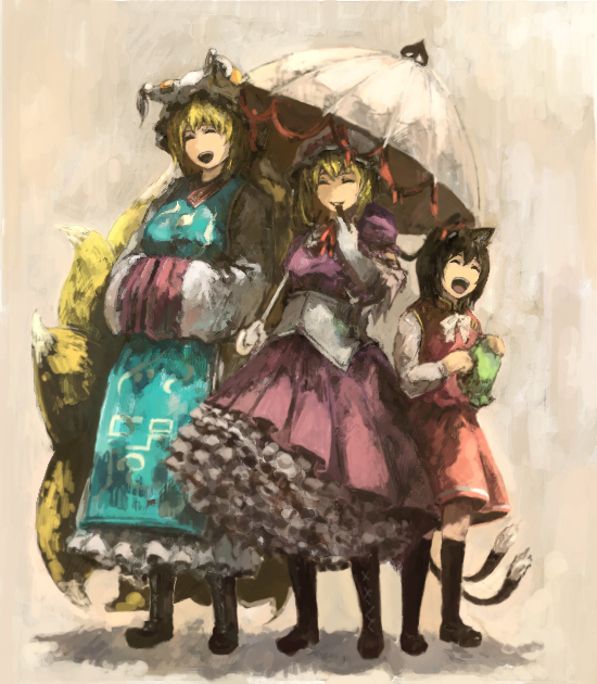 shoutarou (tibi2), chen, yakumo ran, yakumo yukari, touhou, bad id, bad pixiv id, 3girls, animal ears, animal hat, blonde hair, brown hair, cat ears, cat girl, cat tail, dress, female focus, fox tail, hands in opposite sleeves, hat, long sleeves, mob cap, multiple girls, multiple tails, parasol, shoes, short hair, socks, tail, tassel, umbrella, wide sleeves