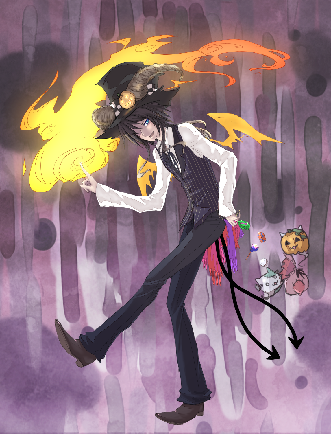 ai ame@byoujaku, aiu, bad id, bad pixiv id, highres, 1boy, black hair, blue eyes, boots, candy, demon, fiery wings, fire, food, food-themed clothes, halloween, hat, horns, jack-o'-lantern, male focus, multiple tails, pumpkin, solo, tail, top hat, vest, wings