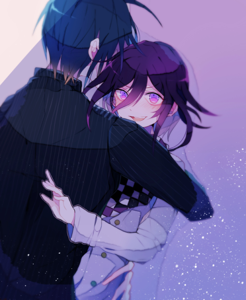 sakura (fein5862817), oma kokichi, saihara shuichi, danganronpa (series), danganronpa v3: killing harmony, 2boys, ahoge, arm around back, arm belt, belt, black jacket, black scarf, blue hair, buttons, checkered clothes, checkered scarf, collared jacket, dot nose, from behind, furrowed brow, hair between eyes, hand on another's hip, happy, height difference, high collar, hug, jacket, layered sleeves, light blush, light particles, long hair between eyes, long sleeves, looking at another, male focus, multicolored buttons, multiple belts, multiple boys, open mouth, pinstripe jacket, pinstripe pattern, purple background, purple eyes, purple hair, scarf, shade, short hair, smile, teeth, two-tone scarf, upper body, upper teeth only, white belt, white scarf, wrist belt, yaoi