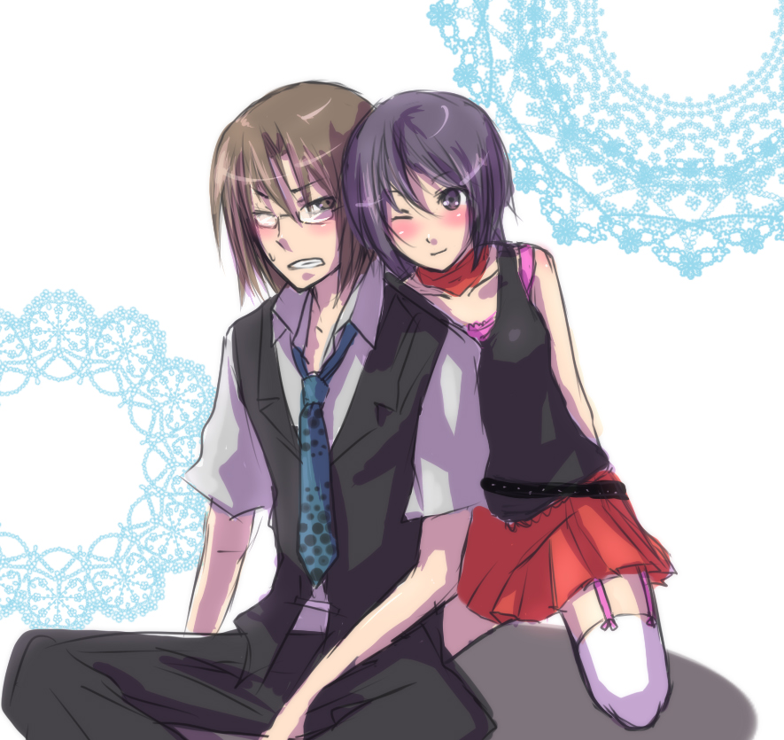 ai ame@byoujaku, aiu, bad id, bad pixiv id, 1boy, 1girl, brown hair, couple, glasses, hetero, necktie, one eye closed, purple hair, short hair, thighhighs, vest, wink