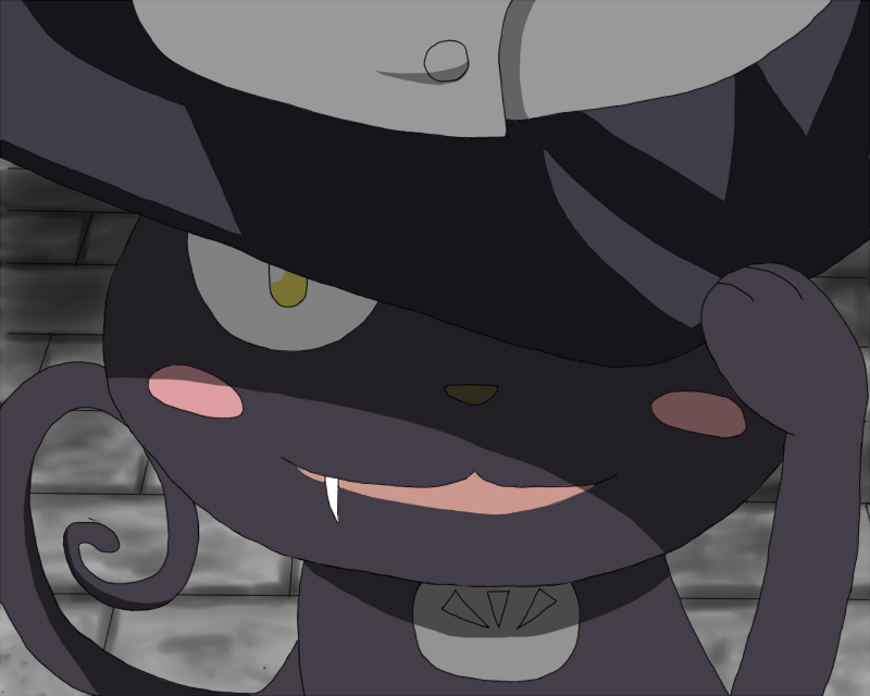 blair (cat) (soul eater), blair (soul eater), soul eater, 00s, animal, black cat, blush, cat, fang, grin, hat, smile, tail