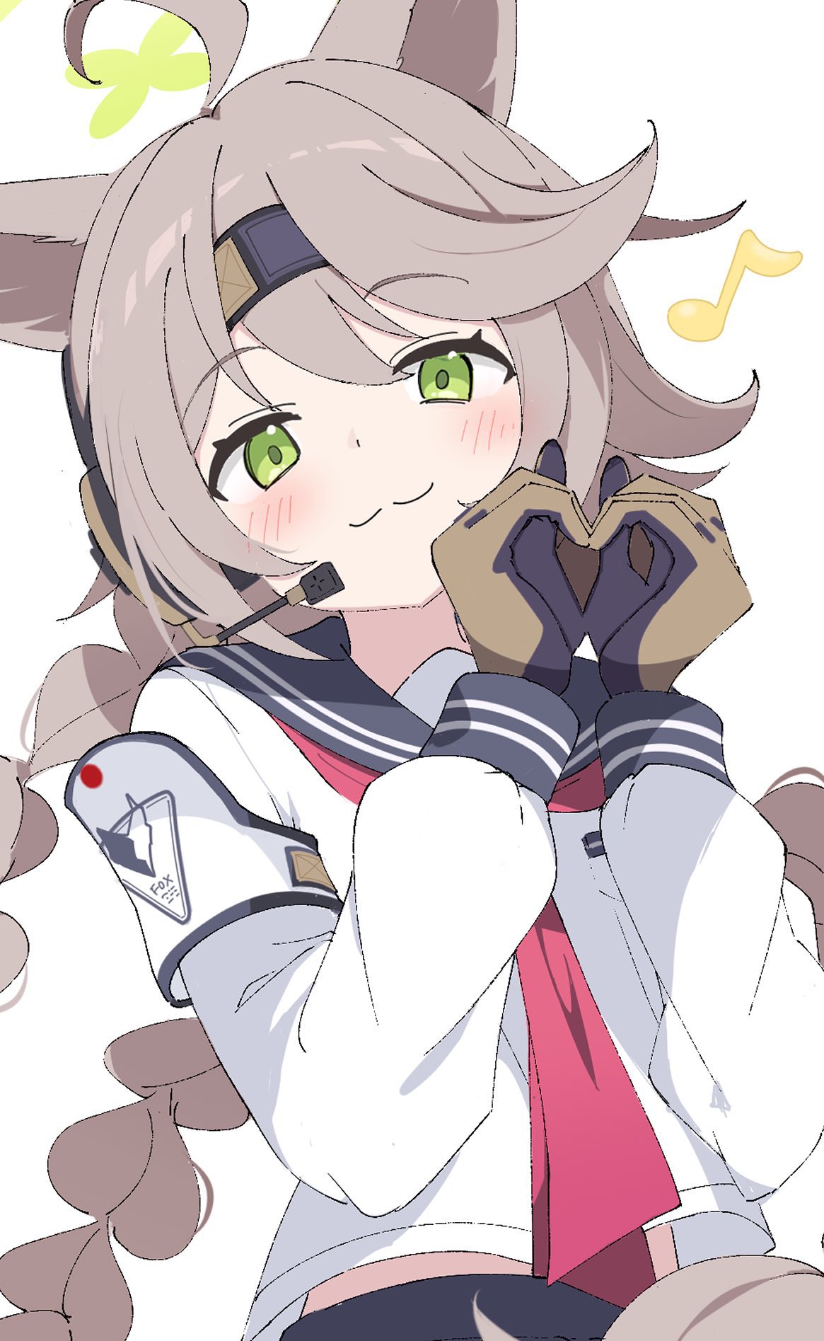 memoi, otogi (blue archive), blue archive, commentary, highres, 1girl, :3, ahoge, animal ears, armband, blush, brown gloves, brown hair, closed mouth, fox ears, gloves, green eyes, grey sailor collar, headset, heart, heart hands, long hair, long sleeves, looking at viewer, midriff peek, musical note, neckerchief, red neckerchief, sailor collar, school uniform, serafuku, shirt, simple background, smile, solo, upper body, white armband, white background, white shirt