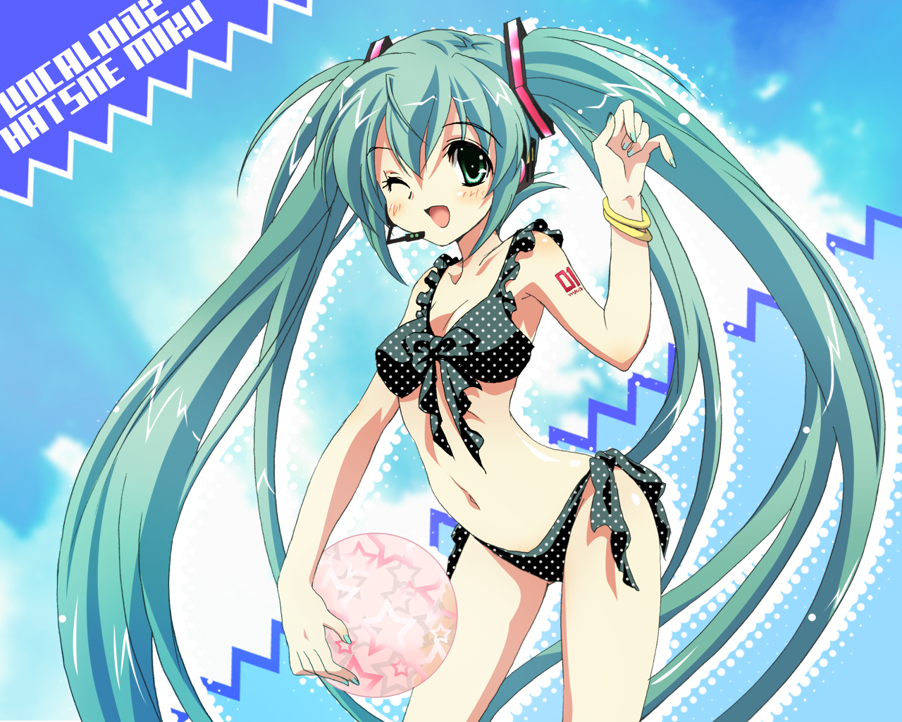 suzui narumi, hatsune miku, vocaloid, 1girl, aqua eyes, aqua hair, aqua nails, ball, bikini, blush, bracelet, breasts, cleavage, female focus, fingernails, front-tie top, headset, jewelry, long hair, nail polish, one eye closed, polka dot, polka dot bikini, polka dot swimsuit, side-tie bikini bottom, small breasts, smile, solo, swimsuit, twintails, wink