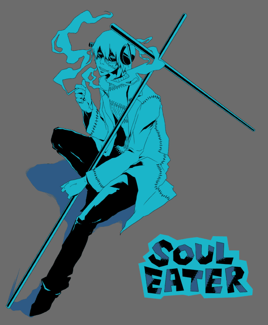 zye, franken stein (soul eater), soul eater, 00s, blue theme, cigarette, lab coat, male focus, monochrome, scar, smoke, smoking, solo, stitches, weapon