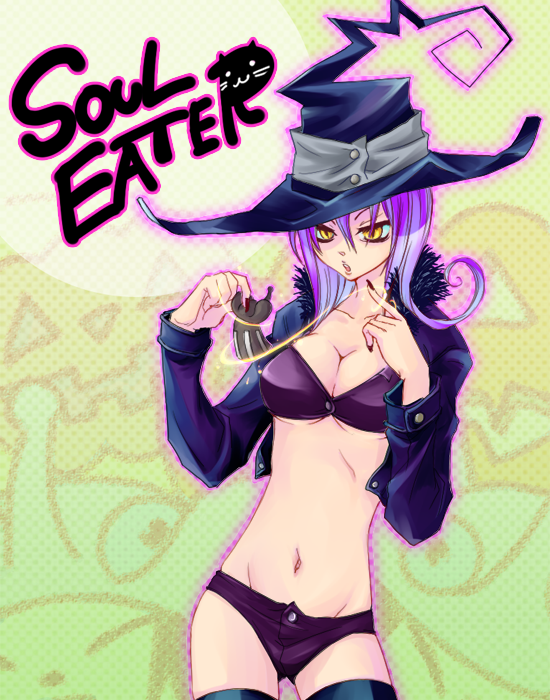 kiyocco, blair (soul eater), mizune (soul eater), soul eater, 00s, 1girl, :3, bikini, bikini top only, breasts, cleavage, female focus, fingernails, hat, jacket, midriff, nail (hardware), purple bikini, purple hair, shorts, solo, swimsuit, thighhighs, witch hat, yellow eyes