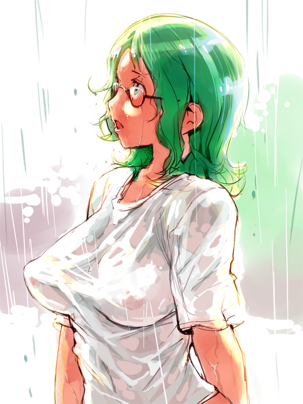 igarashi mangou, breasts, glasses, green eyes, green hair, large breasts, rain, see-through clothes, solo, wet, wet clothes