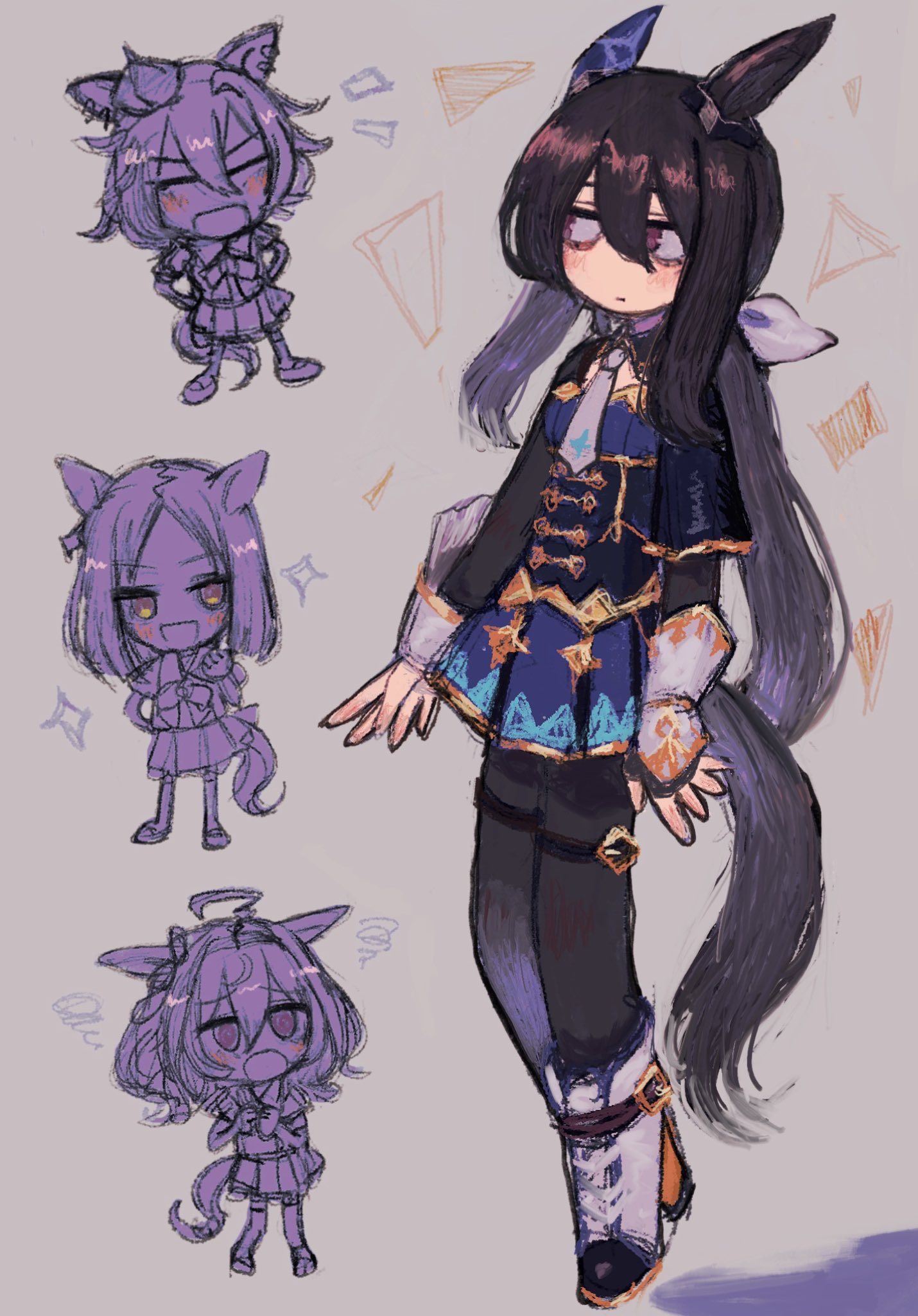 makai (67makai), admire vega (starry nocturne) (umamusume), admire vega (umamusume), meisho doto (umamusume), narita top road (umamusume), t.m. opera o (umamusume), umamusume, highres, 4girls, ahoge, animal ears, black hair, black pantyhose, boots, chibi, chibi only, closed eyes, closed mouth, ear covers, hair between eyes, hands on own hips, horse ears, horse girl, horse tail, long hair, multiple girls, open mouth, pantyhose, pleated skirt, school uniform, simple background, single ear cover, skirt, sparkle, squiggle, tail, thigh strap, tracen school uniform, very long hair