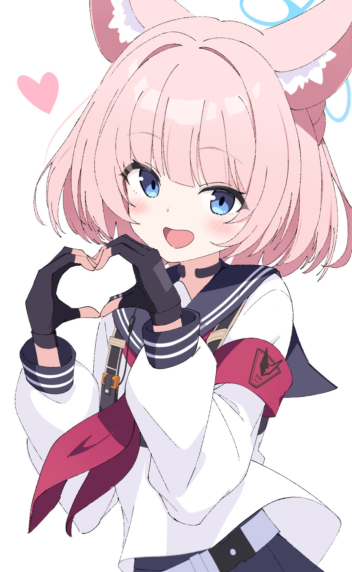 memoi, niko (blue archive), blue archive, highres, 1girl, animal ears, armband, black gloves, blue eyes, blue halo, blue sailor collar, blue skirt, fox ears, fox girl, gloves, grey gloves, halo, heart, heart hands, looking at viewer, neckerchief, pink hair, red armband, red neckerchief, sailor collar, school uniform, serafuku, simple background, skirt, solo, two-tone gloves, white background