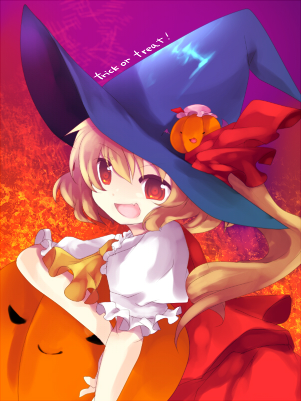 eiko (pixiv), eiko (tukino), flandre scarlet, remilia scarlet, touhou, bad id, bad pixiv id, 1girl, bat wings, blonde hair, fang, female focus, food-themed hair ornament, hair ornament, halloween, hat, hat ribbon, jack-o'-lantern, pumpkin, pumpkin hair ornament, red eyes, ribbon, side ponytail, solo, trick or treat, wings, witch hat