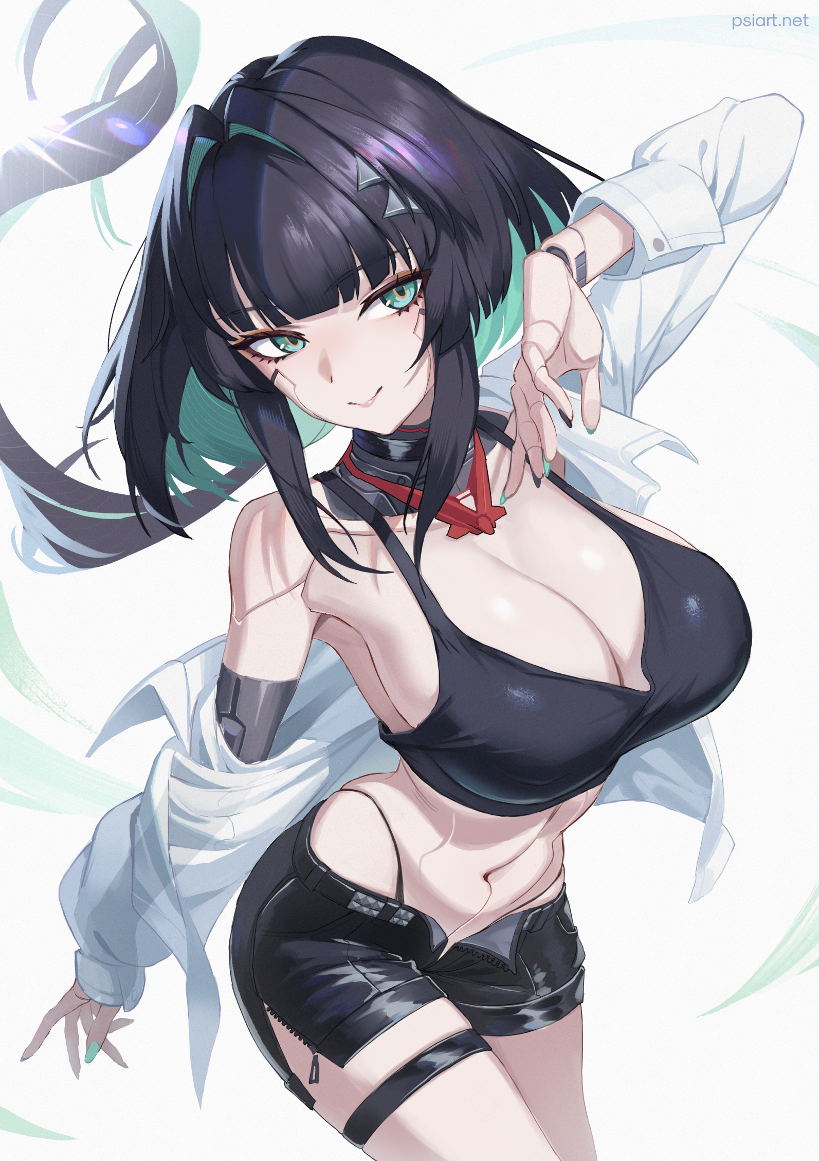 psidubs, character request, commission, copyright request, highres, 1girl, alternate breast size (larger), android, aqua nails, black hair, black nails, breasts, closed mouth, colored inner hair, green hair, large breasts, long hair, multicolored hair, multicolored nails, open clothes, open fly, open shirt, shirt, short shorts, shorts, sidelocks, smile, solo, stomach, thigh strap, two-tone nails, white shirt, zipper