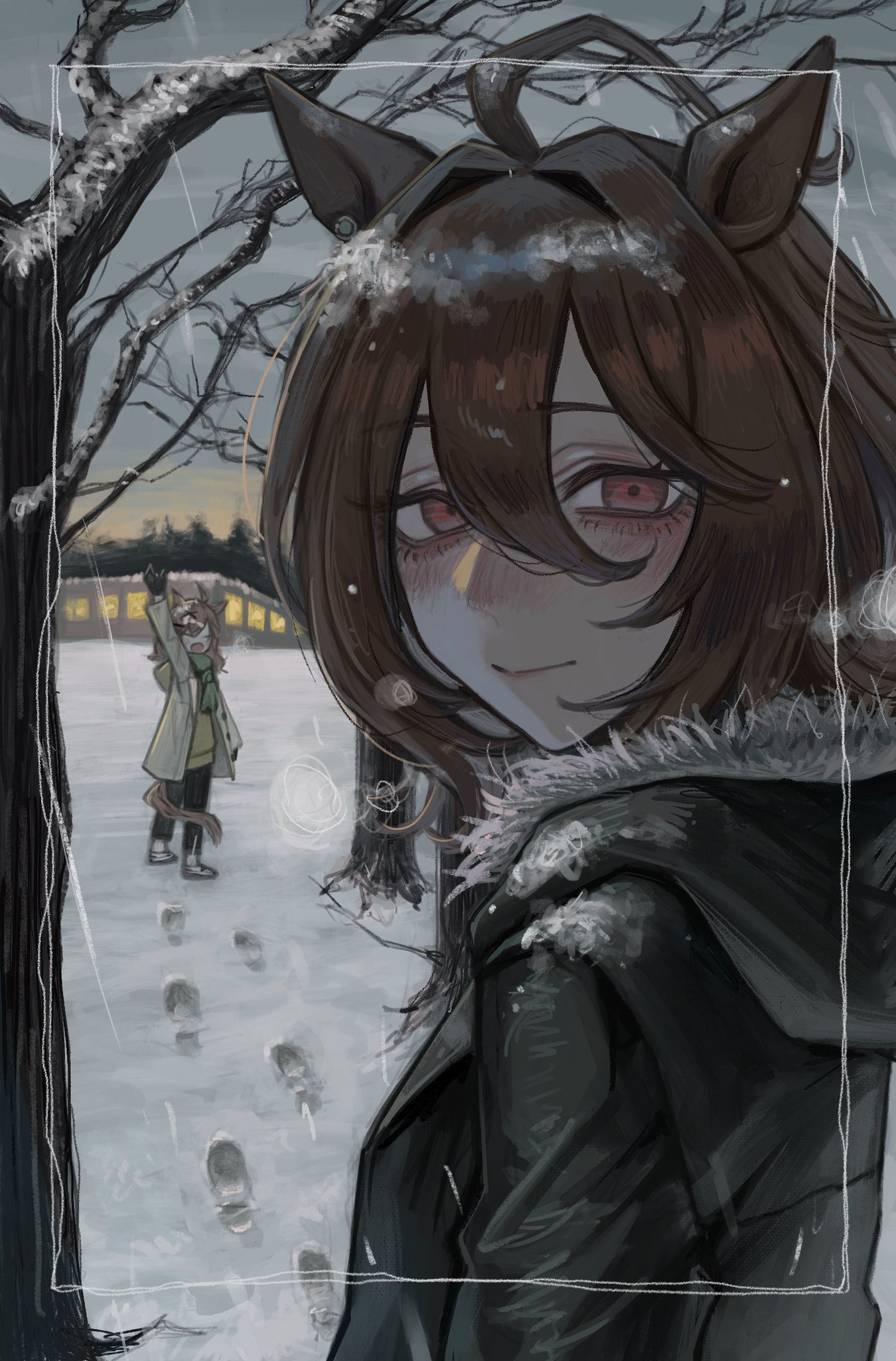 makai (67makai), agnes tachyon (umamusume), jungle pocket (umamusume), umamusume, commentary, highres, symbol-only commentary, 2girls, ahoge, animal ears, bare tree, black jacket, blush, breath, brown hair, closed eyes, closed mouth, coat, footprints, fur-trimmed jacket, fur trim, hair between eyes, hood, hood down, hooded jacket, horse ears, horse girl, horse tail, jacket, long sleeves, looking at viewer, multiple girls, open mouth, outdoors, red eyes, sky, snow, snowing, solo focus, standing, tail, tree