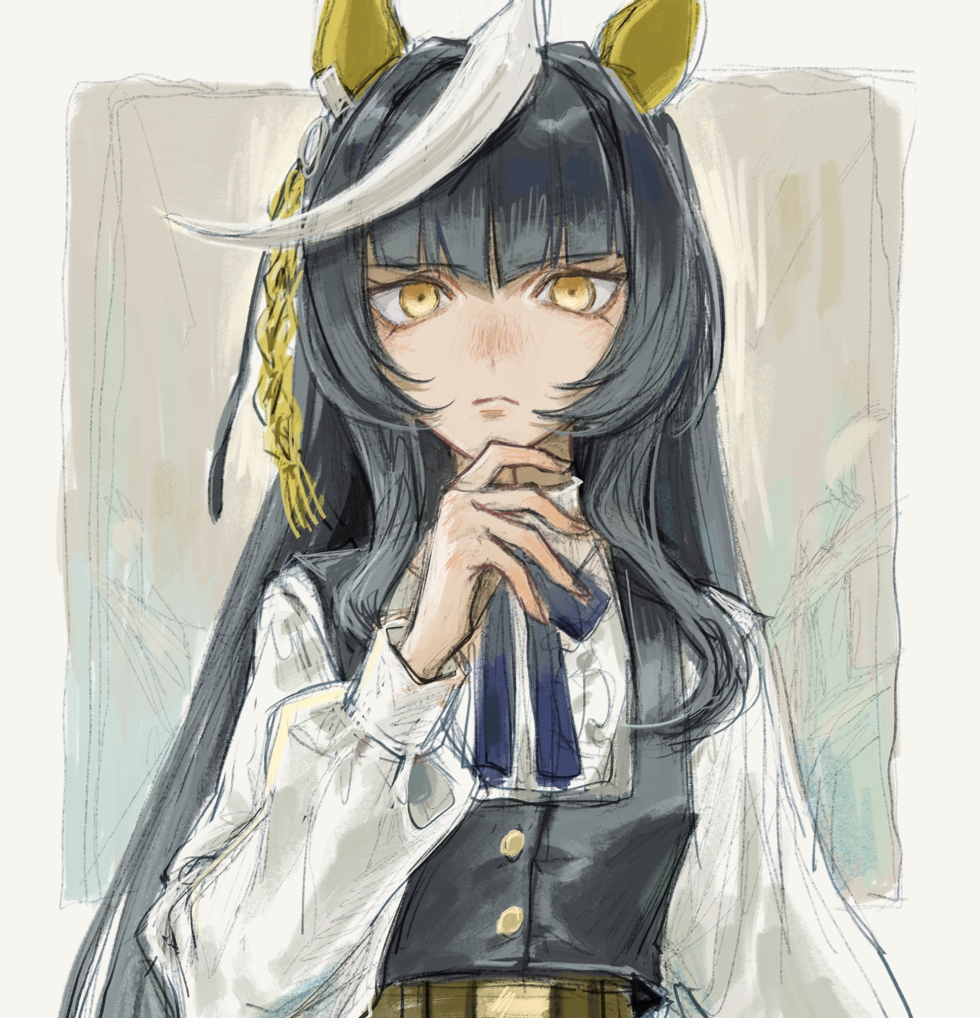 makai (67makai), calstone light o (umamusume), umamusume, highres, 1girl, animal ears, black hair, blue ribbon, blunt bangs, calstone light o (casual) (umamusume), center frills, closed mouth, collared shirt, ear covers, frills, horse ears, horse girl, long hair, long sleeves, looking at viewer, multicolored hair, neck ribbon, ribbon, shirt, sidelocks, simple background, solo, streaked hair, upper body, white hair, white shirt, yellow eyes
