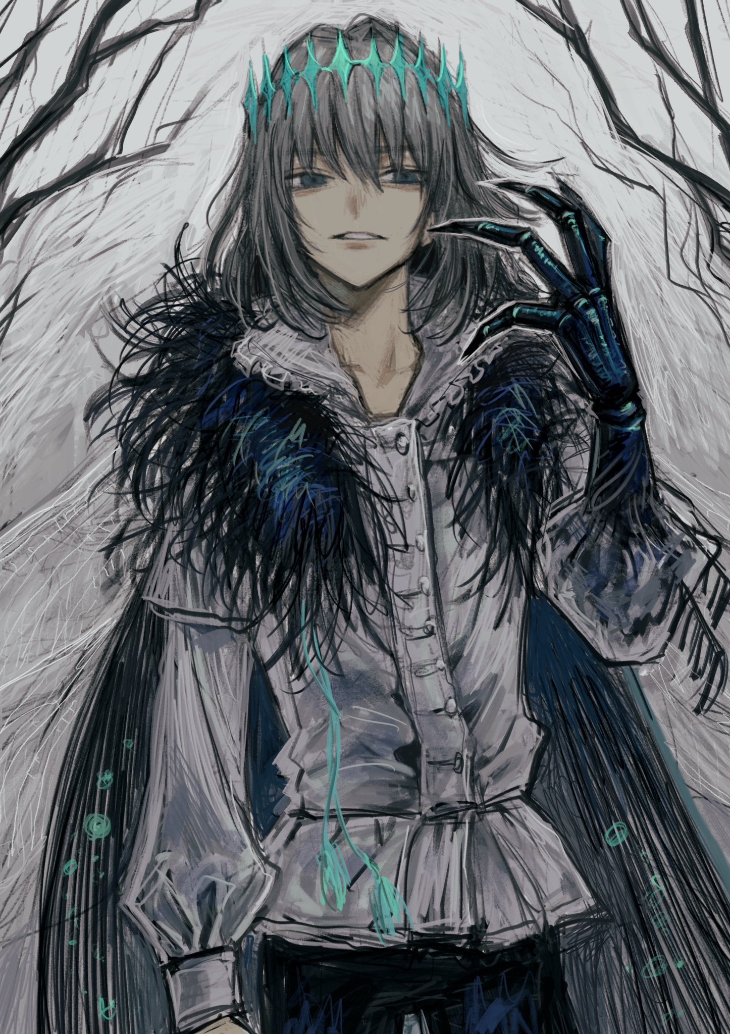 makai (67makai), oberon (fate), oberon (third ascension) (fate), fate/grand order, fate (series), highres, 1boy, arthropod limbs, bare tree, black cape, black pants, blue eyes, cape, grey hair, hair between eyes, insect wings, long sleeves, male focus, pants, shirt, solo, tassel, tree, white shirt, wings