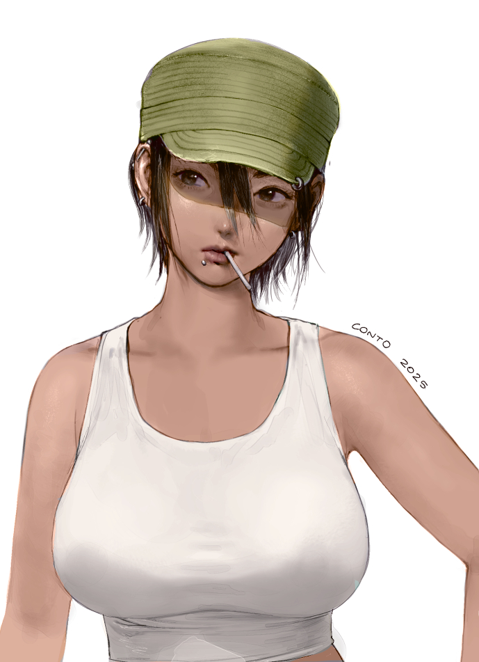 conto, original, 1girl, artist name, bare shoulders, black hair, breasts, brown eyes, candy, close-up, collarbone, crop top, dated, ear piercing, earrings, face piercing, facing viewer, food, green hat, hair between eyes, hat, jewelry, large breasts, lip piercing, lollipop, looking to the side, nose, nostrils, parted lips, piercing, short hair, simple background, solo, tan, tank top, upper body, white background, white tank top