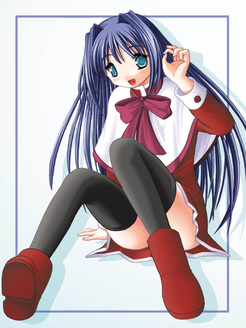 keito (keito-ya), minase nayuki, kanon, archived source, commentary request, 1girl, 2000s (style), ankle boots, aqua background, aqua eyes, black thighhighs, blue border, blue hair, blush, boots, border, buttoned cuffs, buttons, capelet, collared capelet, dated commentary, dot nose, dress, drop shadow, full body, hair intakes, hand on floor, high collar, legs apart, long hair, long sleeves, looking at viewer, neck ribbon, open mouth, red boots, red dress, red ribbon, red sleeves, retro artstyle, ribbon, short dress, simple background, sitting, sleeve cuffs, solo, straight hair, thighhighs, very long hair, white capelet