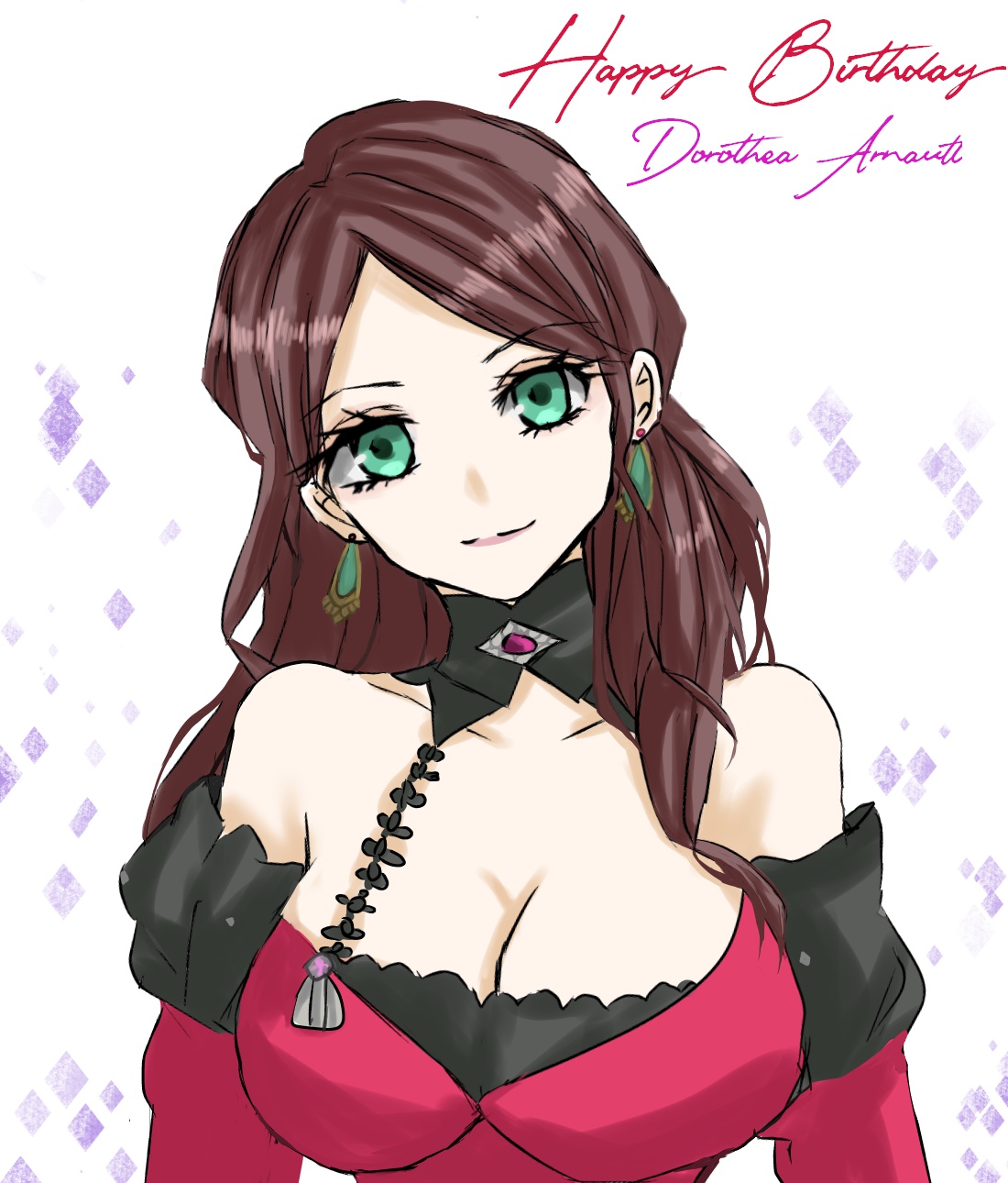 dorothea arnault, dorothea arnault (timeskip), fire emblem, fire emblem: three houses, nintendo, 1girl, breasts, brown hair, cleavage, dress, earrings, happy birthday, jewelry, large breasts, long hair, looking at viewer, red dress, solo