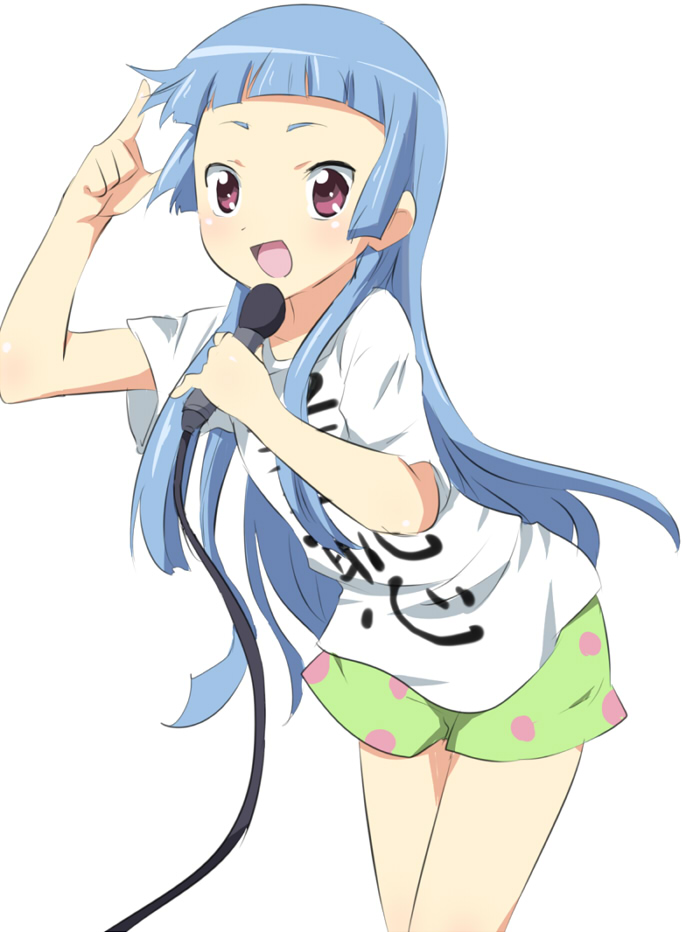 maruki (punchiki), nagi, kannagi, bad id, bad pixiv id, 00s, 1girl, blue hair, blunt bangs, boxers, female focus, long hair, male underwear, microphone, simple background, solo, standing, underwear, white background