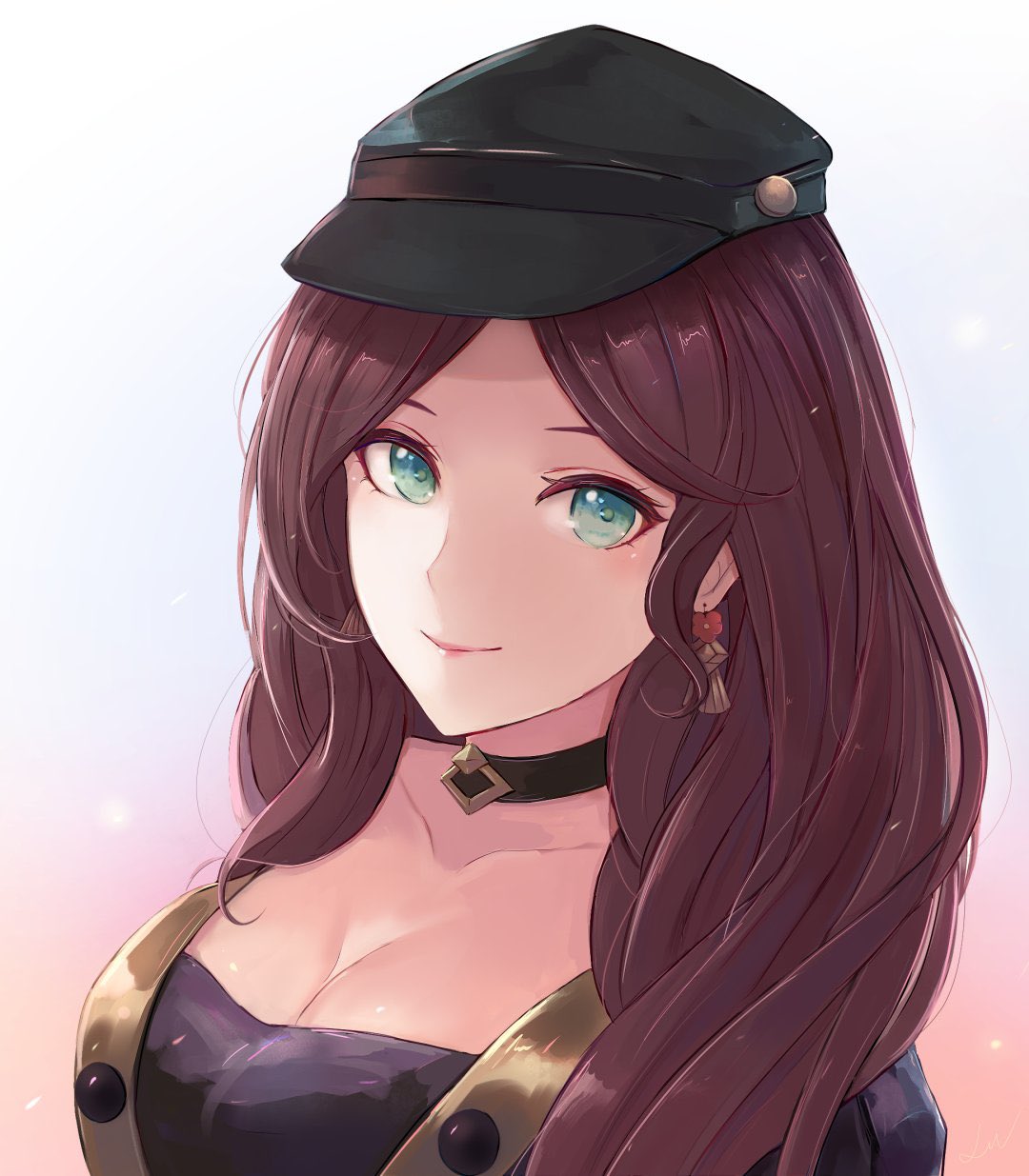 leonmandala, dorothea arnault, fire emblem, fire emblem: three houses, nintendo, 1girl, breasts, brown hair, choker, cleavage, collarbone, earrings, green eyes, hat, jewelry, large breasts, long hair, looking at viewer, solo