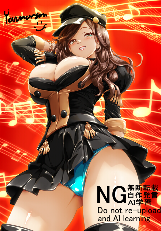 dorothea arnault, fire emblem, fire emblem: three houses, nintendo, 1girl, bracelet, breasts, brown hair, cleavage, garreg mach monastery uniform, green eyes, hat, jewelry, large breasts, lipstick, long hair, looking at viewer, makeup, panties, skirt, smile, solo, underwear